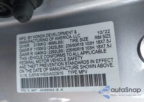 2022 Honda Cr-V Ex z USA, uszkodzony, nr VIN 5J6RW1H50NA023916